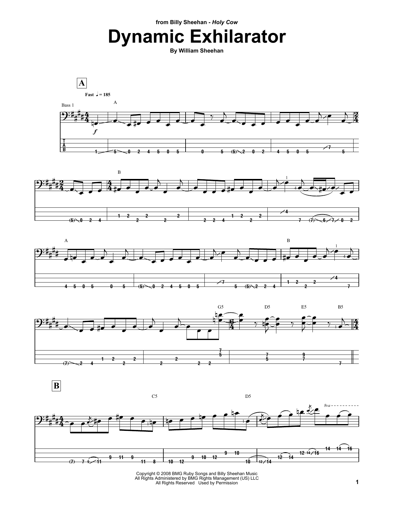 Billy Sheehan Dynamic Exhilarator sheet music notes and chords arranged for Bass Guitar Tab