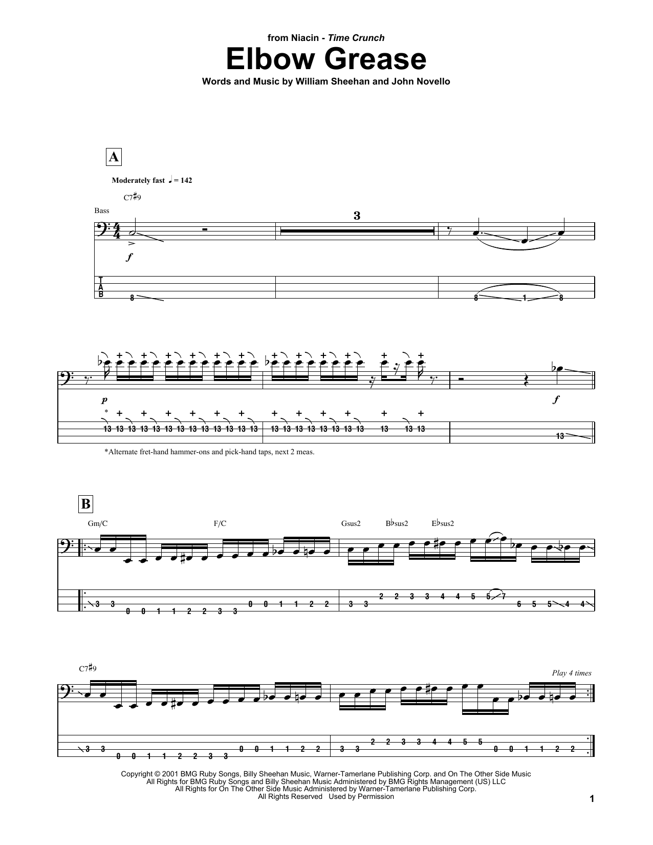 Billy Sheehan Elbow Grease sheet music notes and chords arranged for Bass Guitar Tab