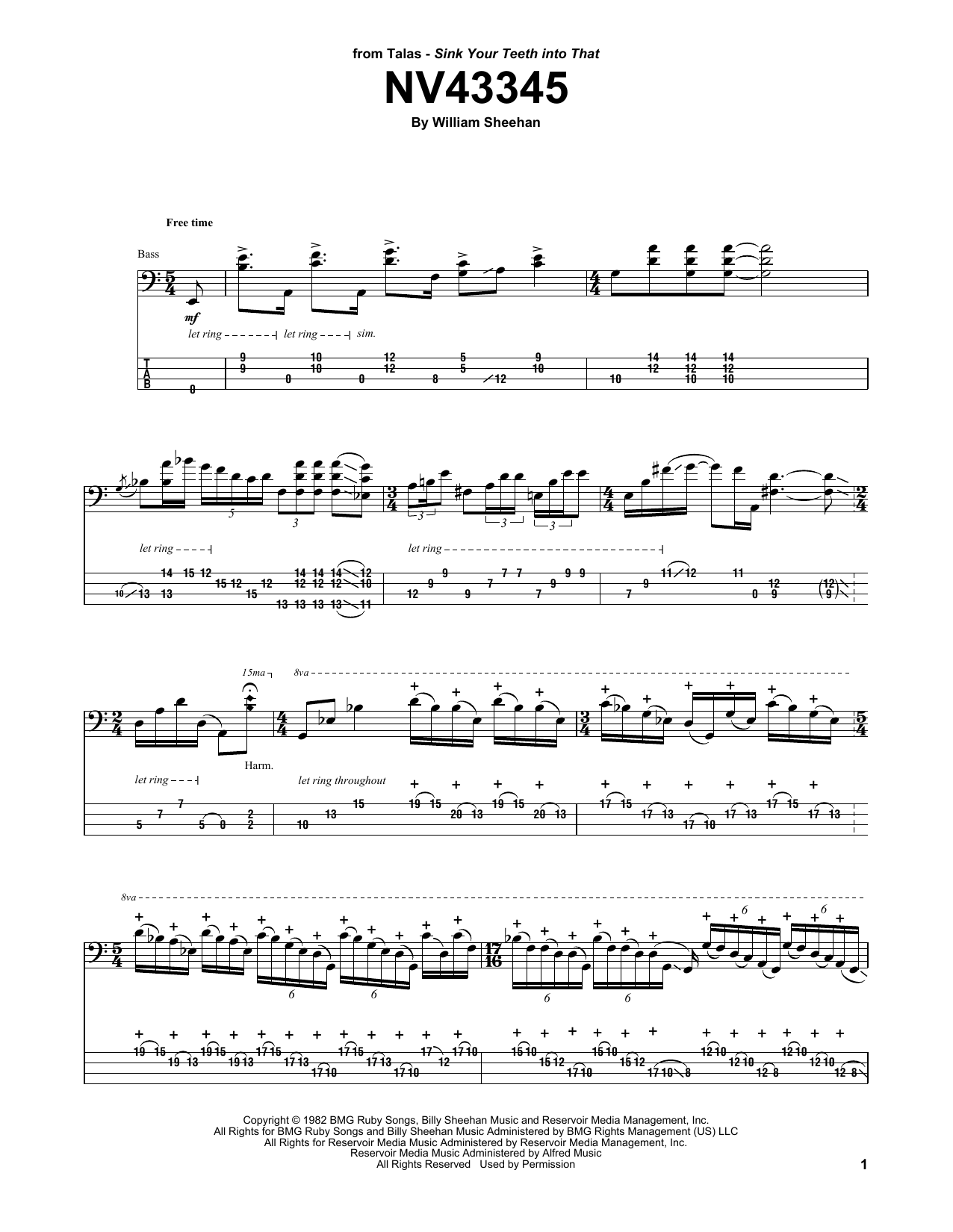 Billy Sheehan NV43345 sheet music notes and chords arranged for Bass Guitar Tab