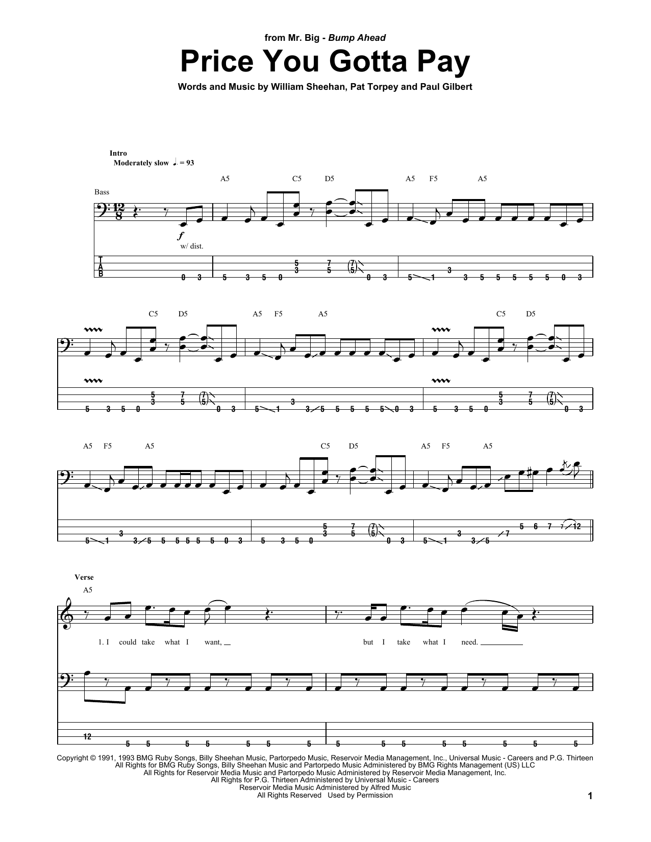 Billy Sheehan Price You Gotta Pay sheet music notes and chords arranged for Bass Guitar Tab