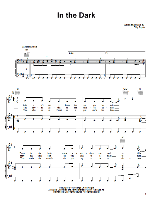 Billy Squier In The Dark sheet music notes and chords arranged for Piano, Vocal & Guitar Chords (Right-Hand Melody)