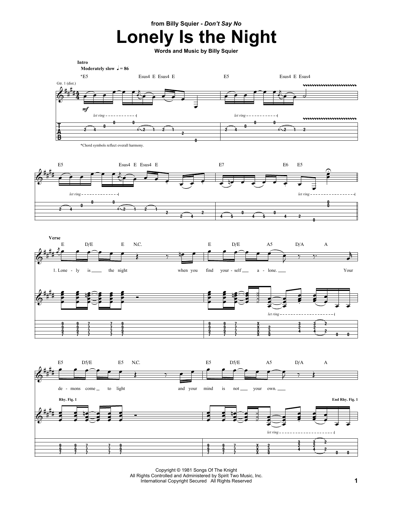 Billy Squier Lonely Is The Night sheet music notes and chords arranged for Guitar Tab