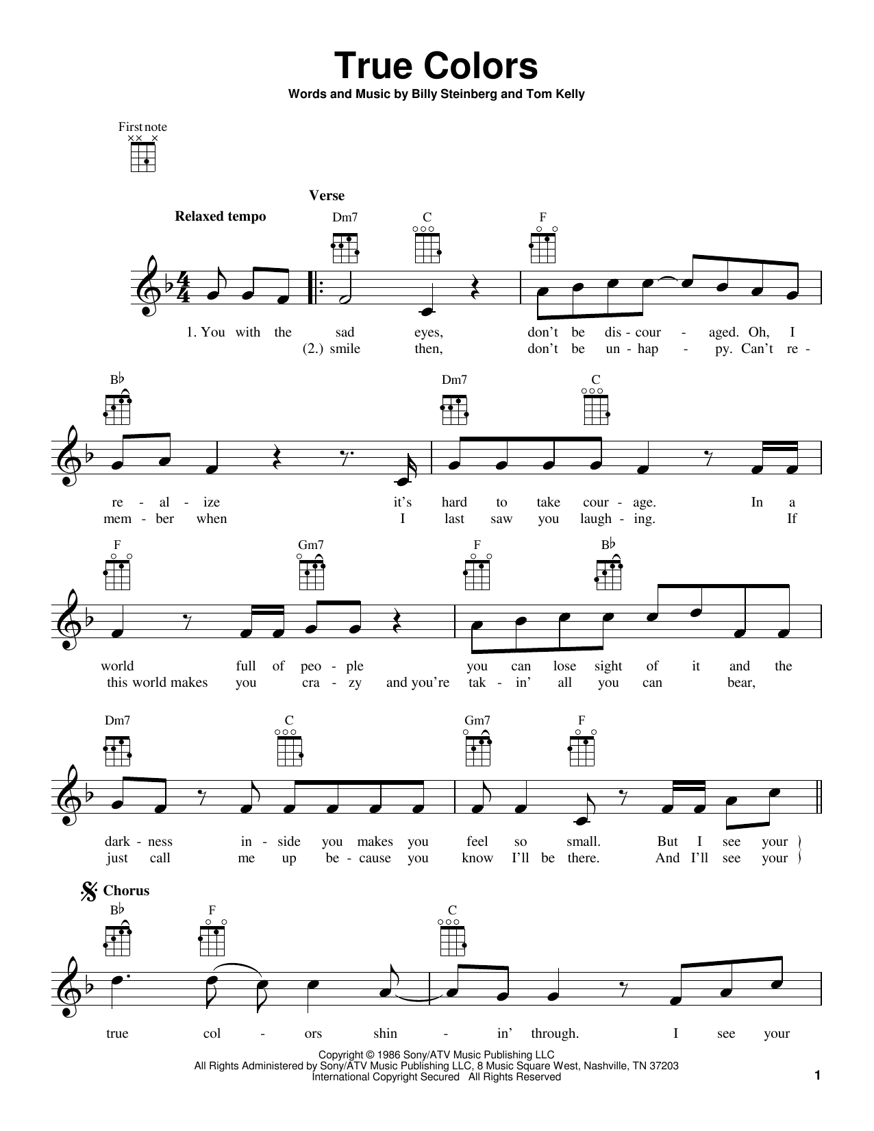 Billy Steinberg True Colors sheet music notes and chords arranged for Ukulele