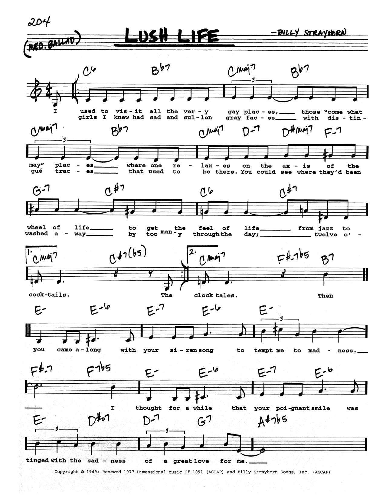 Billy Strayhorn Lush Life (Low Voice) sheet music notes and chords arranged for Real Book – Melody, Lyrics & Chords