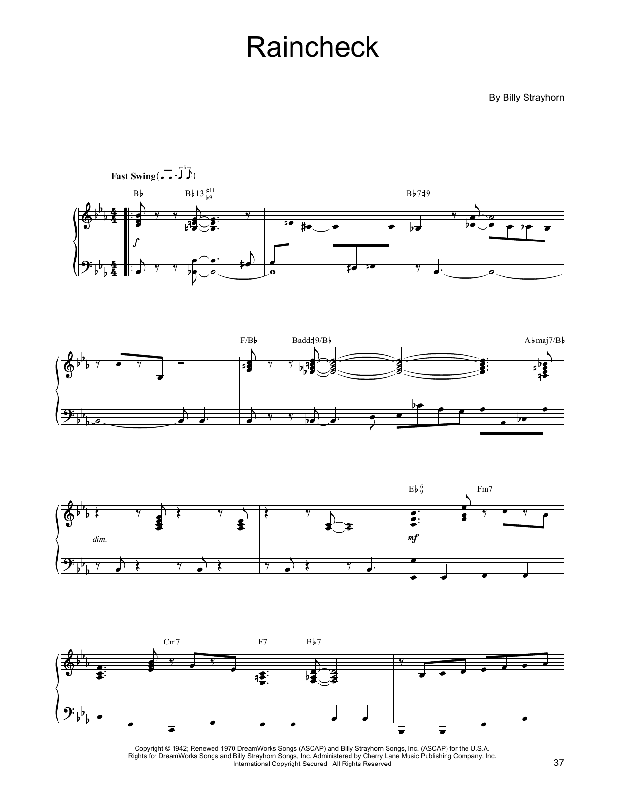 Billy Strayhorn Raincheck sheet music notes and chords arranged for Piano Solo