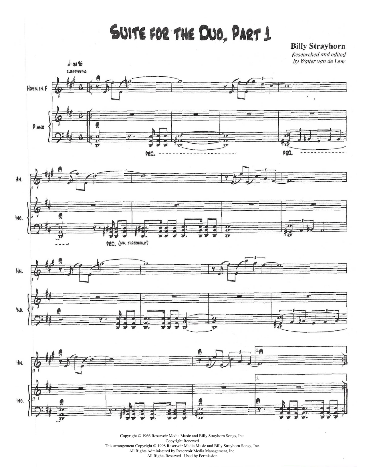 Billy Strayhorn Suite For The Duo (Parts 1-3) sheet music notes and chords arranged for French Horn and Piano