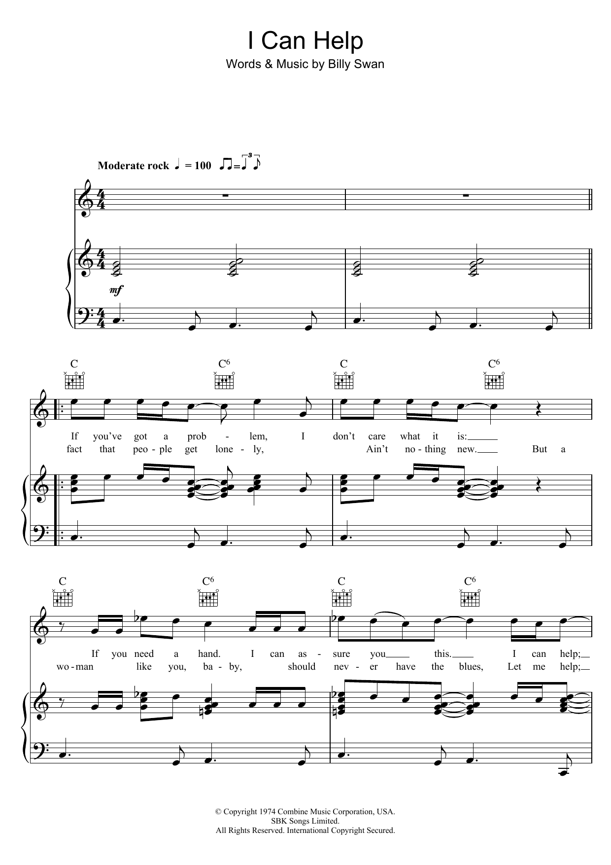 Billy Swan I Can Help sheet music notes and chords arranged for Piano, Vocal & Guitar Chords (Right-Hand Melody)