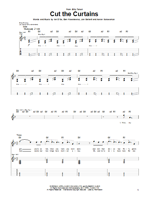 Billy Talent Cut The Curtains sheet music notes and chords arranged for Guitar Tab