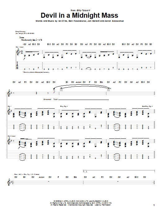 Billy Talent Devil In A Midnight Mass sheet music notes and chords arranged for Guitar Tab