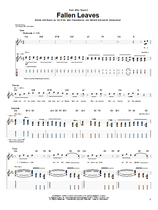 Billy Talent Fallen Leaves sheet music notes and chords arranged for Guitar Tab