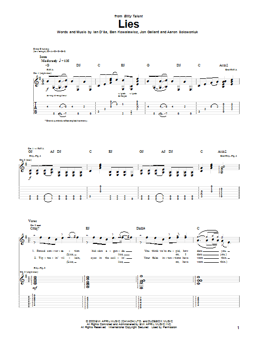 Billy Talent Lies sheet music notes and chords arranged for Guitar Tab