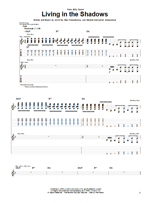 Billy Talent Living In The Shadows sheet music notes and chords arranged for Guitar Tab