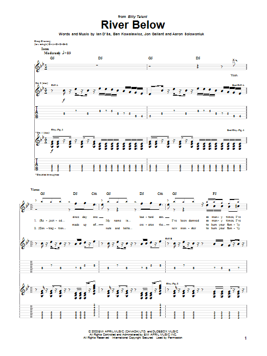 Billy Talent River Below sheet music notes and chords arranged for Guitar Tab