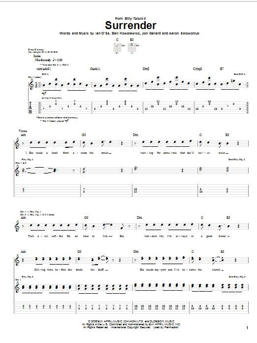 Billy Talent Surrender sheet music notes and chords arranged for Guitar Tab