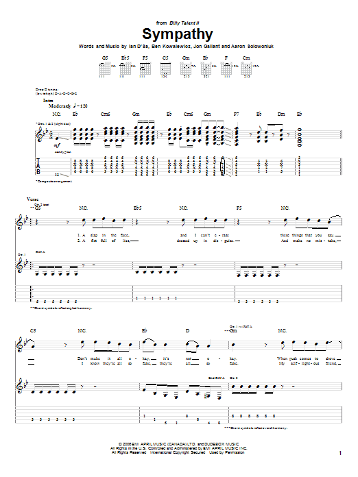 Billy Talent Sympathy sheet music notes and chords arranged for Guitar Tab