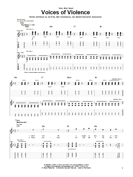 Billy Talent Voices Of Violence sheet music notes and chords arranged for Guitar Tab