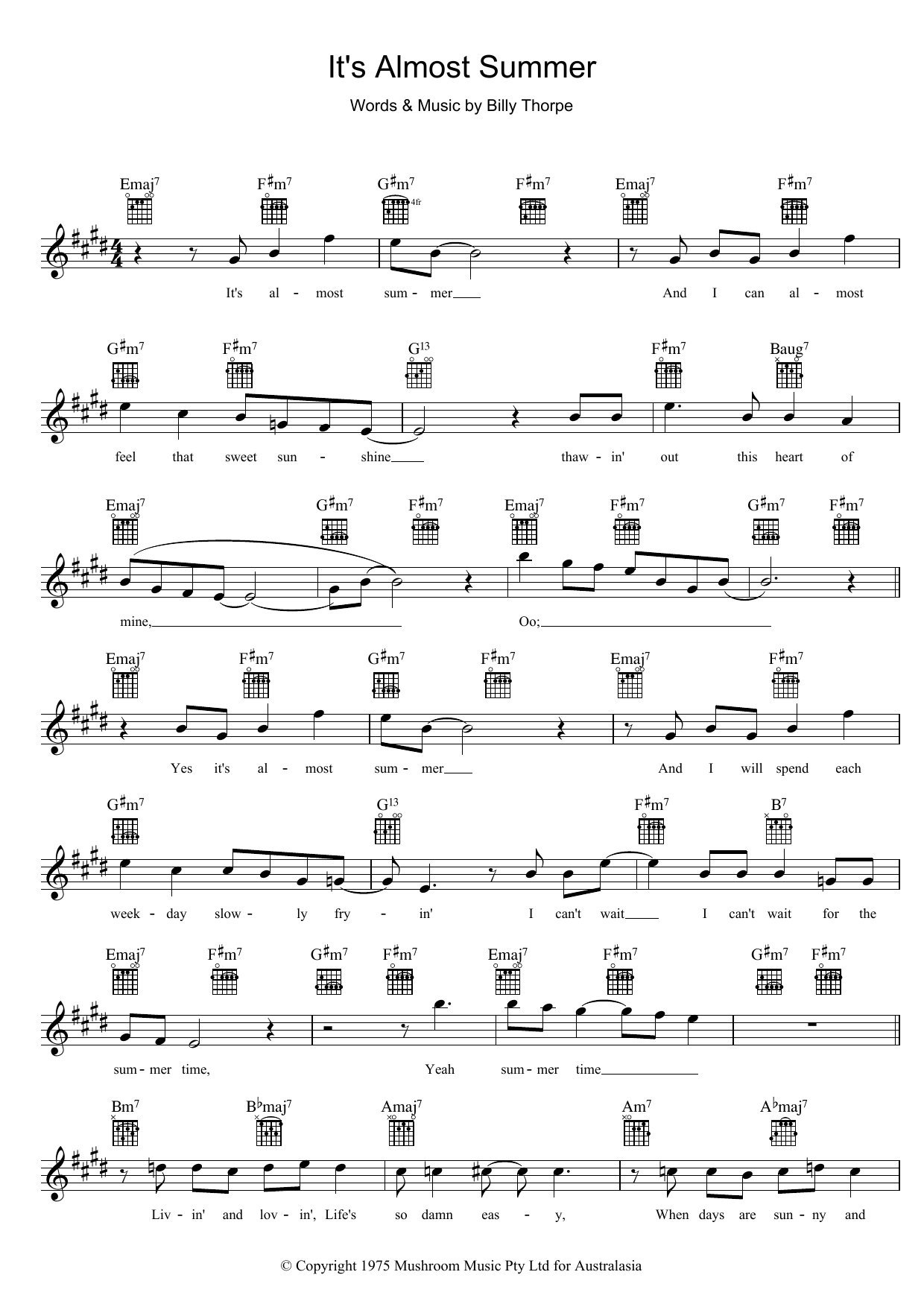 Billy Thorpe It's Almost Summer sheet music notes and chords arranged for Lead Sheet / Fake Book