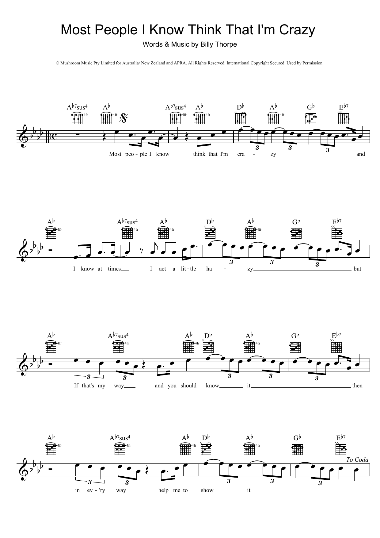 Billy Thorpe Most People I Know Think That I'm Crazy sheet music notes and chords arranged for Guitar Tab