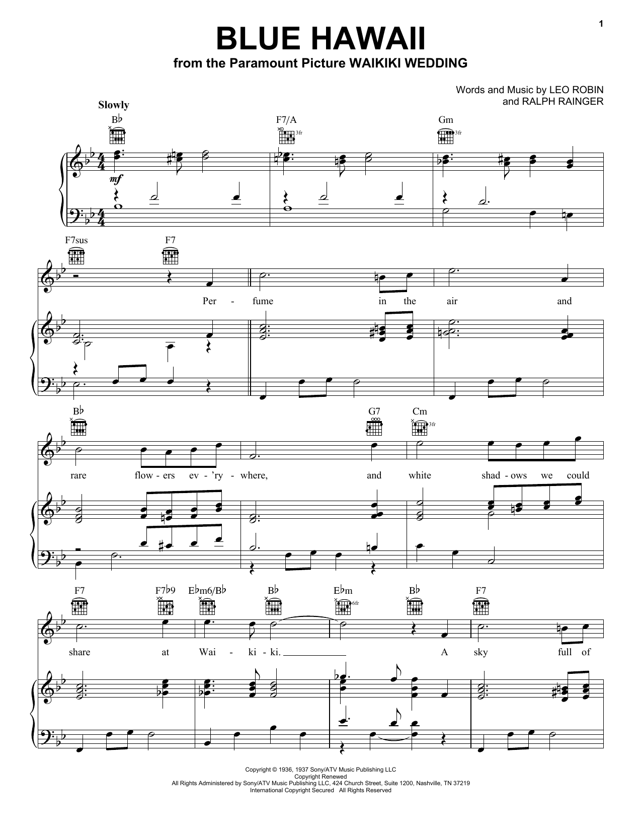 Billy Vaughn Blue Hawaii sheet music notes and chords arranged for Piano, Vocal & Guitar Chords (Right-Hand Melody)