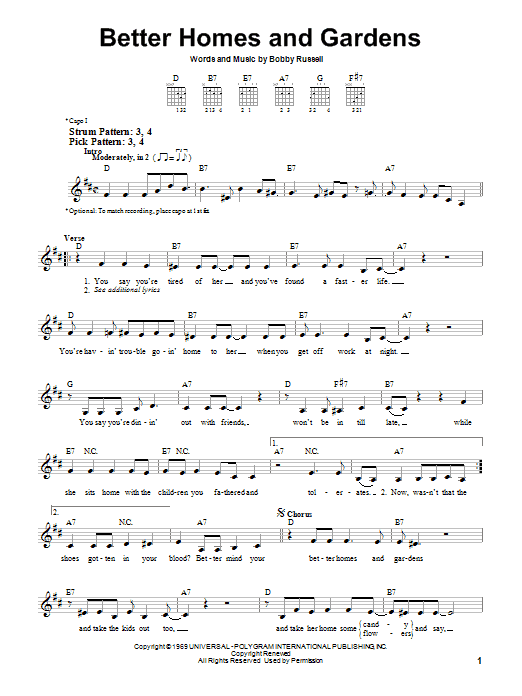 Billy Walker Better Homes And Gardens sheet music notes and chords arranged for Easy Guitar