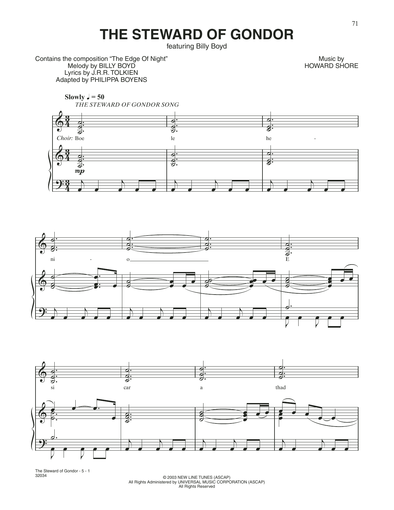Billy Boyd The Steward of Gondor (from The Lord Of The Rings: The Return Of The King) sheet music notes and chords arranged for Piano & Vocal