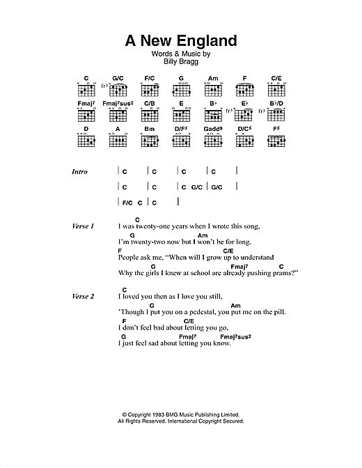 Billy Bragg A New England sheet music notes and chords arranged for Guitar Chords/Lyrics