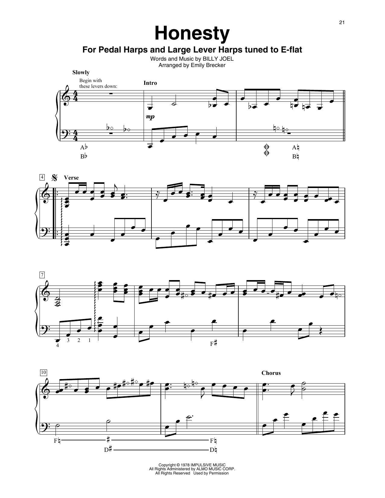 Billy Joel Honesty (arr. Emily Brecker) sheet music notes and chords arranged for Harp
