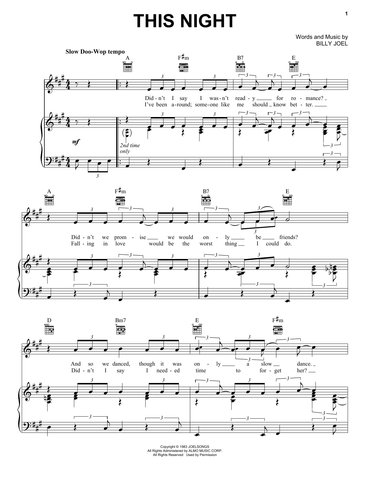 Billy Joel This Night sheet music notes and chords arranged for Piano, Vocal & Guitar Chords (Right-Hand Melody)