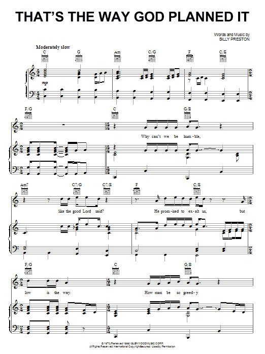 Billy Preston That's The Way God Planned It sheet music notes and chords arranged for Piano, Vocal & Guitar Chords (Right-Hand Melody)