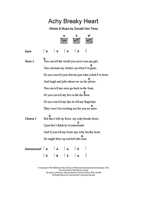 Billy Ray Cyrus Achy Breaky Heart sheet music notes and chords arranged for Guitar Chords/Lyrics