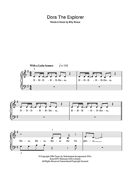 Billy Straus Dora The Explorer Theme sheet music notes and chords arranged for 5-Finger Piano