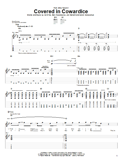 Billy Talent Covered In Cowardice sheet music notes and chords arranged for Guitar Tab