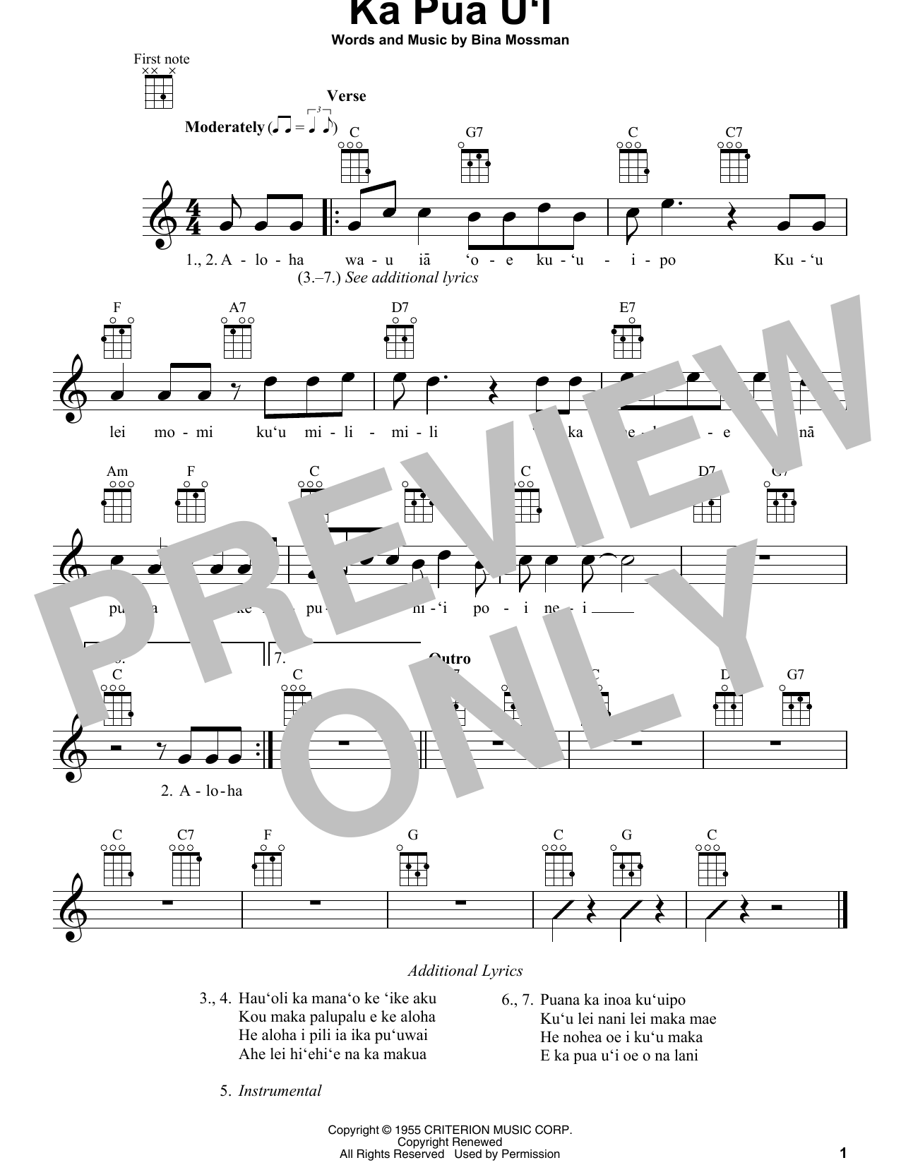 Bina Mossman Ka Pua U'I sheet music notes and chords arranged for Ukulele