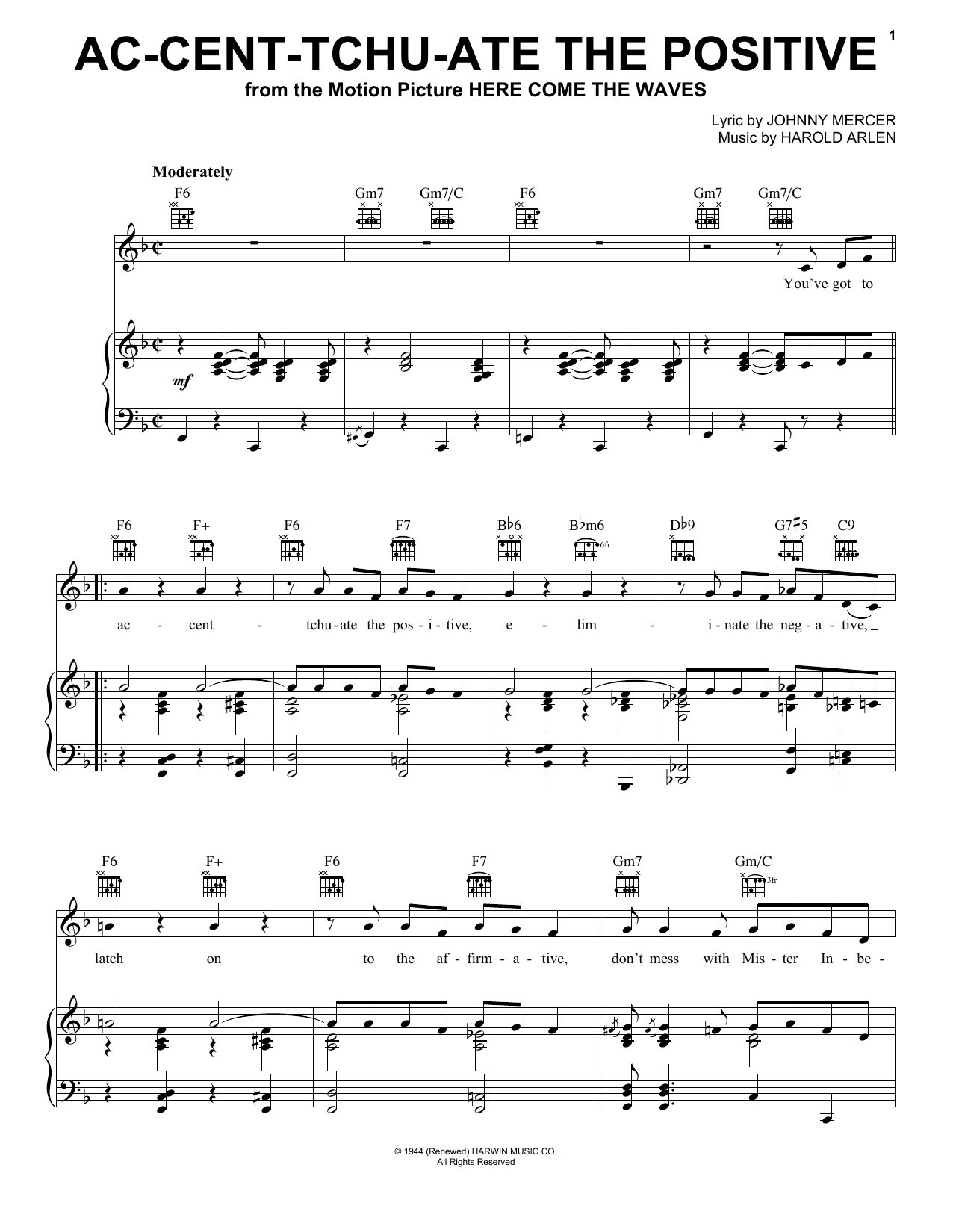 Bing Crosby Ac-cent-tchu-ate The Positive sheet music notes and chords arranged for Piano, Vocal & Guitar Chords (Right-Hand Melody)
