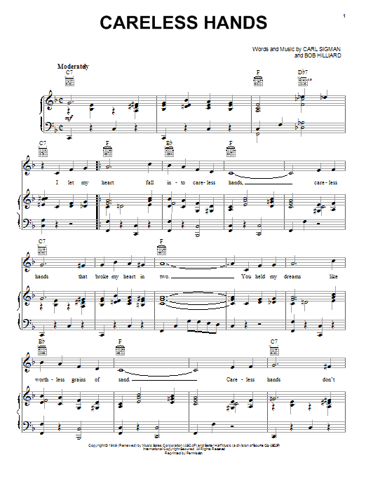 Bing Crosby Careless Hands sheet music notes and chords arranged for Piano, Vocal & Guitar Chords (Right-Hand Melody)
