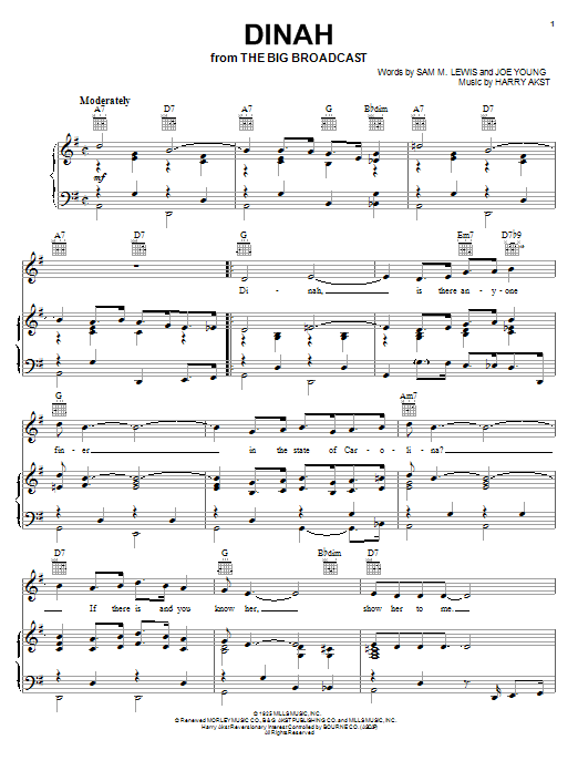 Bing Crosby Dinah sheet music notes and chords arranged for Piano, Vocal & Guitar Chords (Right-Hand Melody)