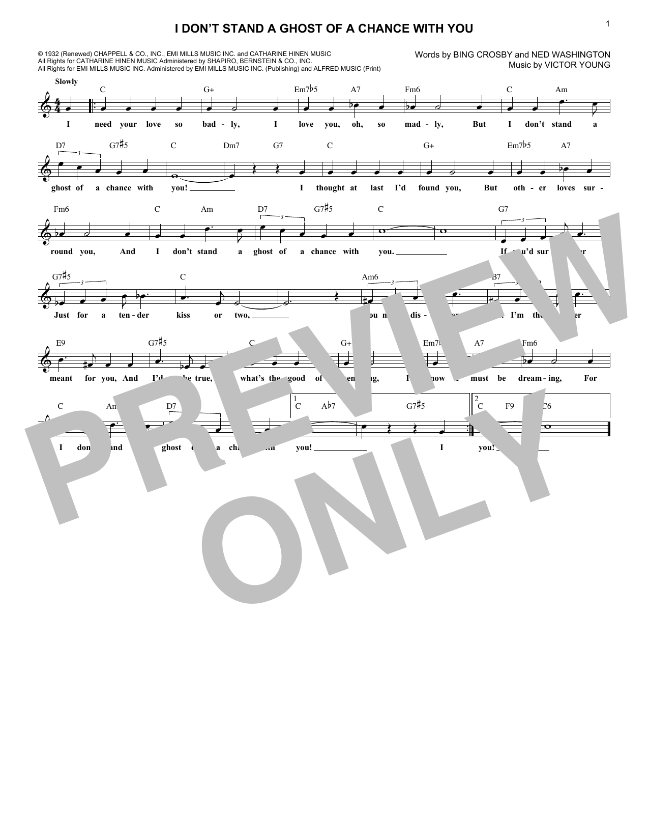 Bing Crosby I Don't Stand A Ghost Of A Chance With You sheet music notes and chords arranged for Lead Sheet / Fake Book