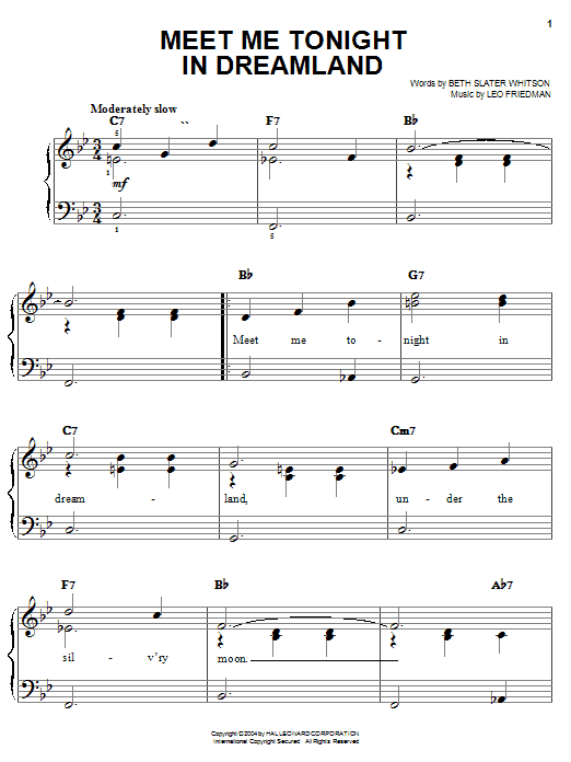 Bing Crosby Meet Me Tonight In Dreamland sheet music notes and chords arranged for Easy Piano