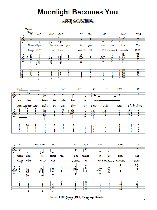 Bing Crosby Moonlight Becomes You sheet music notes and chords arranged for Easy Guitar Tab