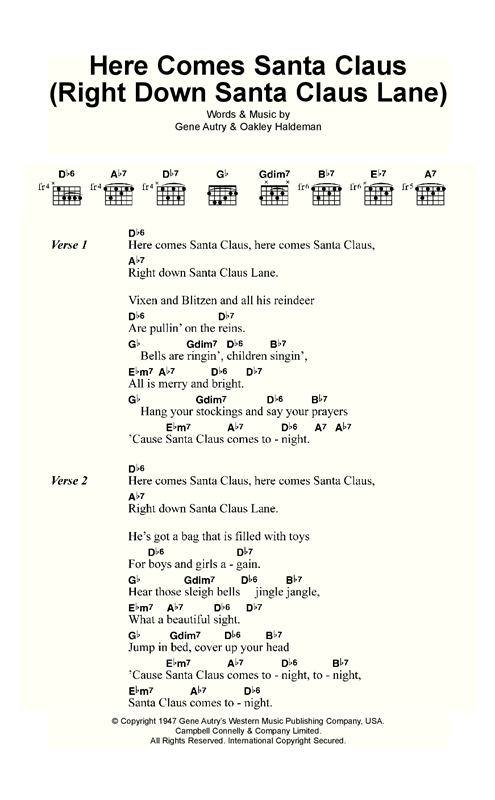 Bing Crosby Here Comes Santa Claus (Right Down Santa Claus Lane) sheet music notes and chords arranged for Guitar Chords/Lyrics