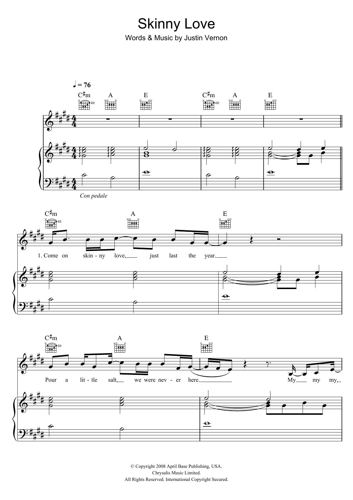 Birdy Skinny Love sheet music notes and chords arranged for Piano, Vocal & Guitar Chords