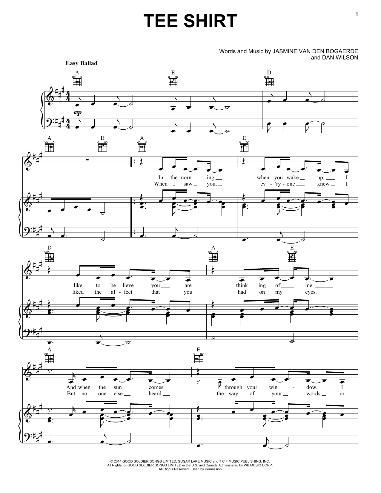 Birdy Tee Shirt sheet music notes and chords arranged for Piano, Vocal & Guitar Chords (Right-Hand Melody)