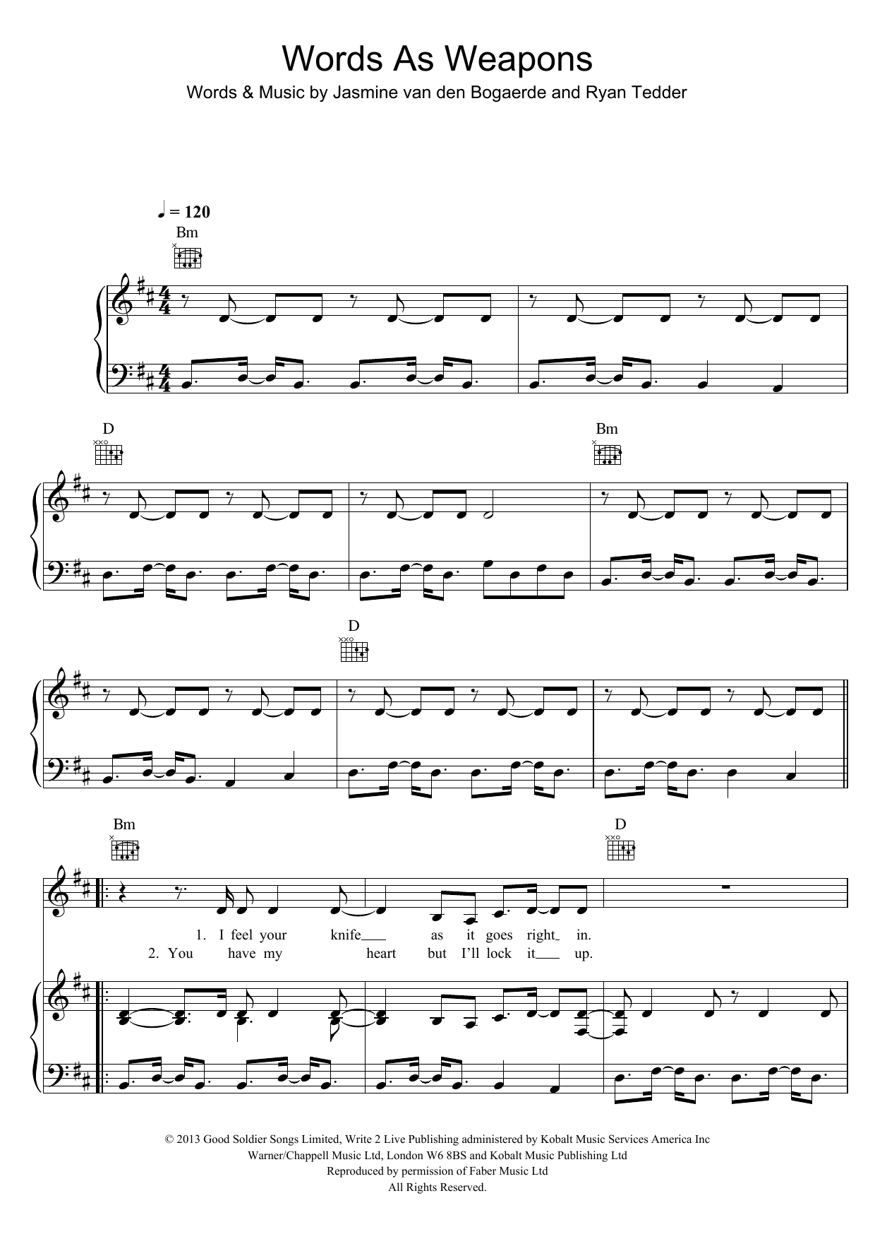 Birdy Words As Weapons sheet music notes and chords arranged for Piano, Vocal & Guitar Chords