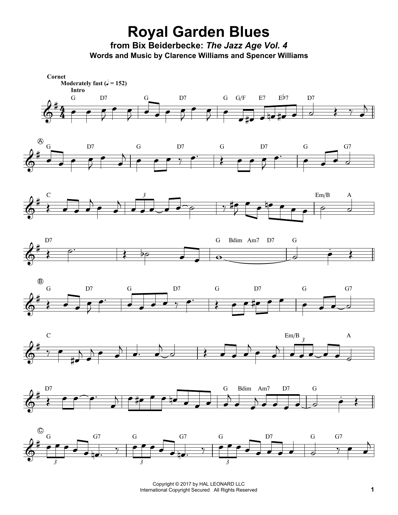 Bix Beiderbecke Royal Garden Blues sheet music notes and chords arranged for Trumpet Transcription