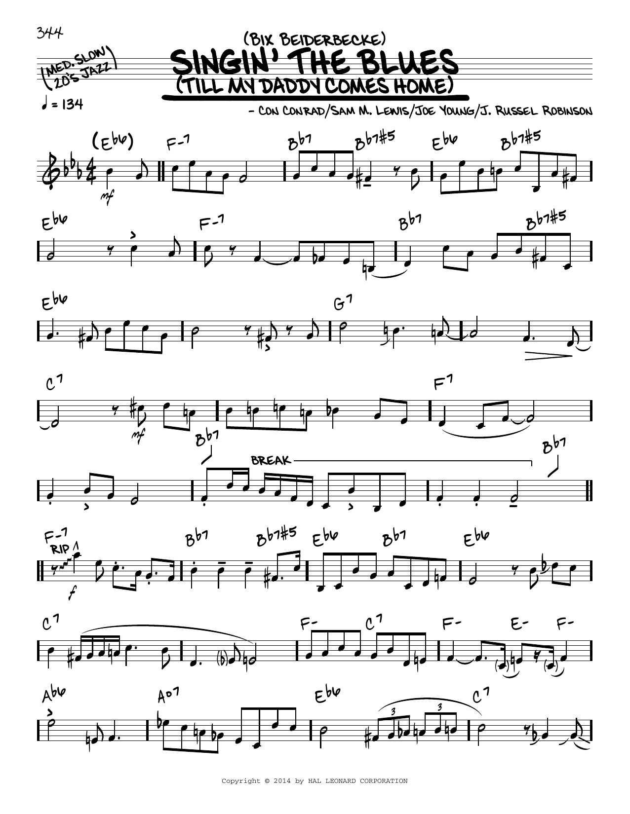 Bix Beiderbecke Singin' The Blues sheet music notes and chords arranged for Real Book – Melody & Chords