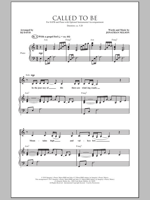 BJ Davis Called To Be sheet music notes and chords arranged for SATB Choir