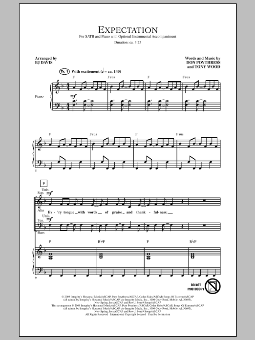 BJ Davis Expectation sheet music notes and chords arranged for SATB Choir