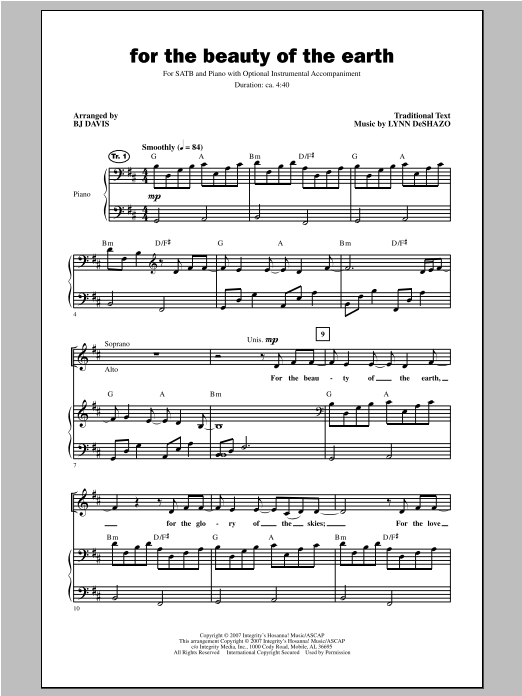 BJ Davis For The Beauty Of The Earth sheet music notes and chords arranged for SATB Choir
