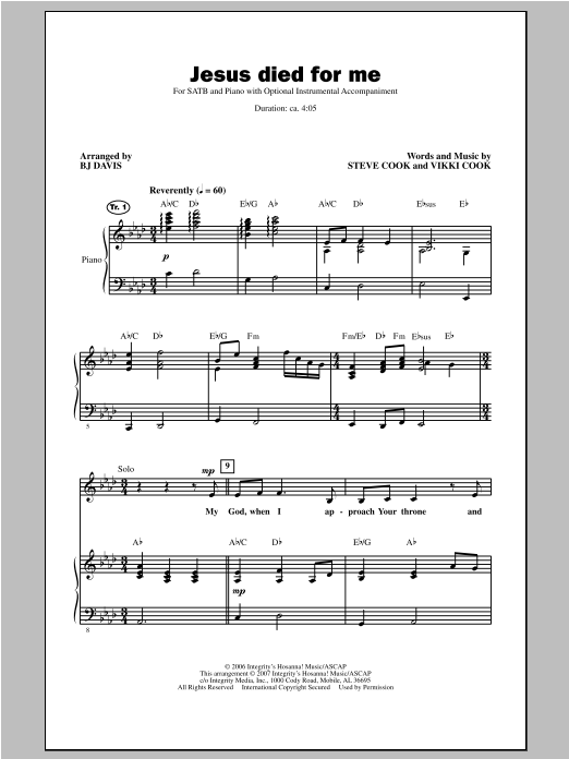 BJ Davis Jesus Died For Me sheet music notes and chords arranged for SATB Choir