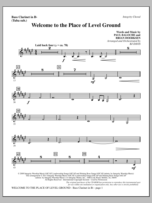 BJ Davis Welcome To The Place Of Level Ground - Bass Clarinet (sub. Tuba) sheet music notes and chords arranged for Choir Instrumental Pak